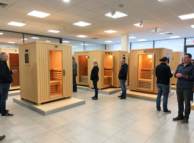 A sauna showroom with several infrared cabins on display for buyers to try