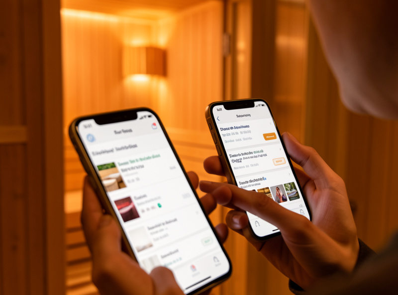 Browsing local used infrared sauna listings on a phone with a cabin in the background