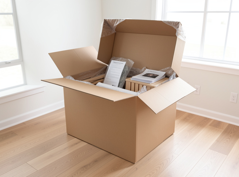An open-box infrared sauna being unpacked with manufacturer documentation, indoor setting