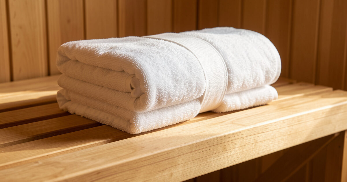 Folded stack of cotton sauna towels and a rolled bench cover on a hemlock bench