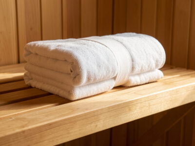 Folded stack of cotton sauna towels and a rolled bench cover on a hemlock bench