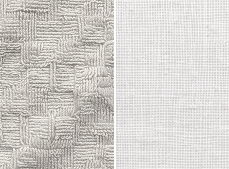 Close-up texture comparison of a thick terry towel beside a thin flat-weave cotton towel