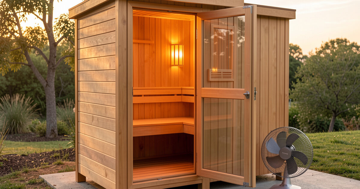 Infrared sauna cabin with door propped open and a fan drying the interior