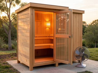Infrared sauna cabin with door propped open and a fan drying the interior