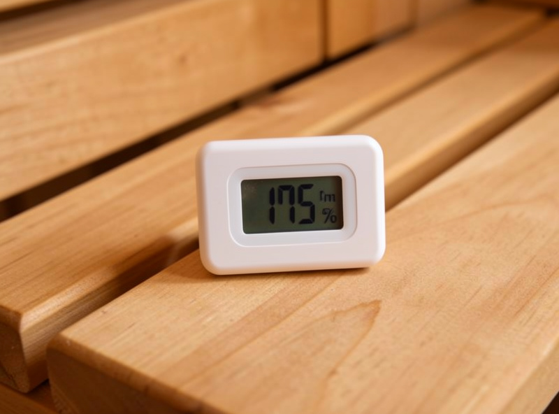Digital hygrometer on a hemlock sauna bench showing a humidity percentage reading