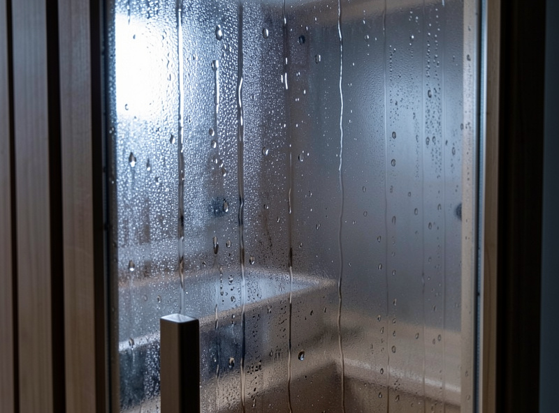 Condensation droplets beading on the inside of a sauna glass door in a cool room