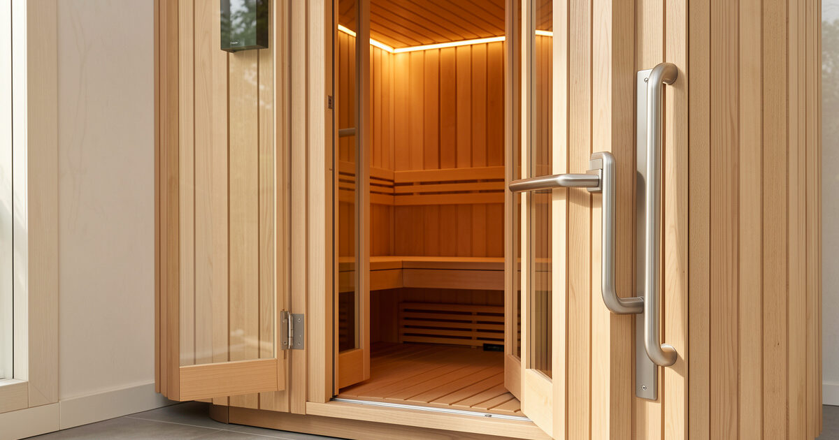 Infrared sauna entrance with a low flat threshold, open door, and brushed steel grab bar in warm light
