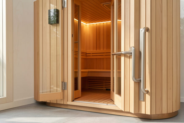 Easy-Entry Infrared Sauna: Door, Step, and Grab Support