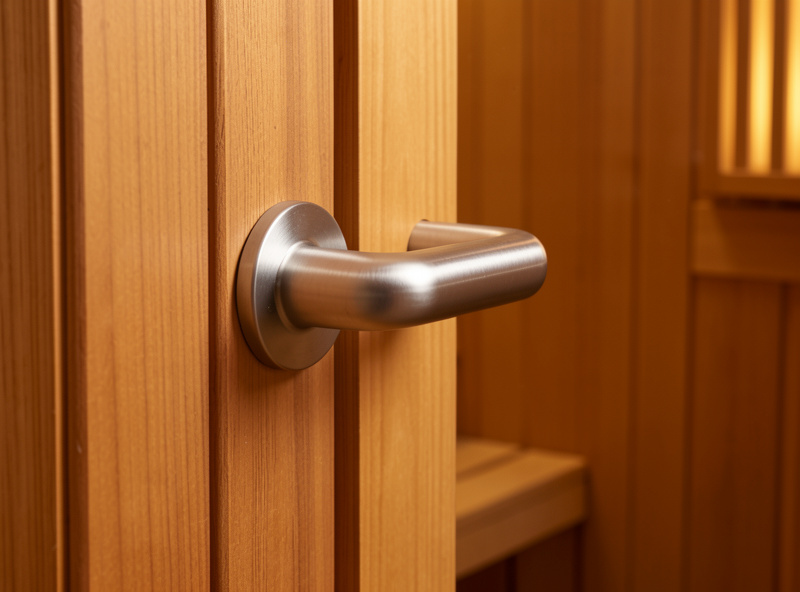 Brushed stainless steel grab bar mounted on warm hemlock wood beside a sauna door frame