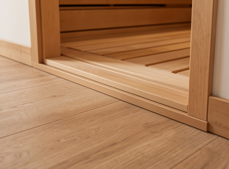Flat flush step-in threshold where a wooden sauna floor meets the room floor, no lip