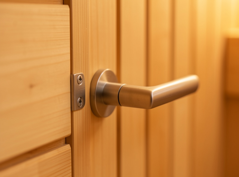 Easy-grip door handle and magnetic catch on a light wood sauna door