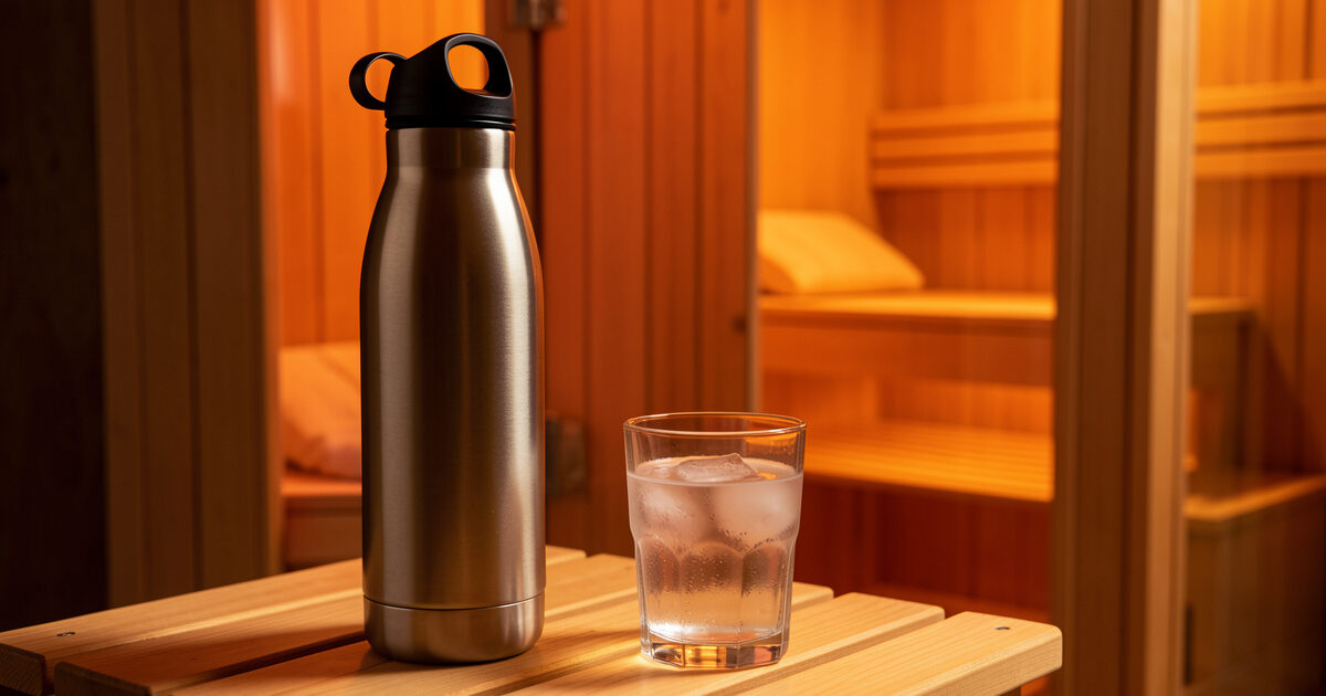 Insulated water bottle and a glass of electrolyte drink on a bench beside an infrared sauna