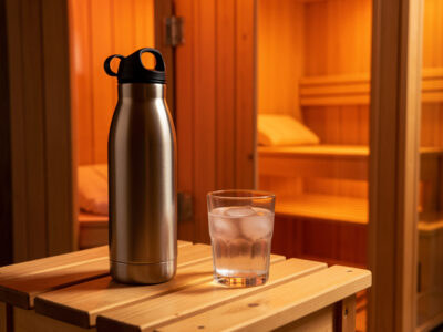 Insulated water bottle and a glass of electrolyte drink on a bench beside an infrared sauna