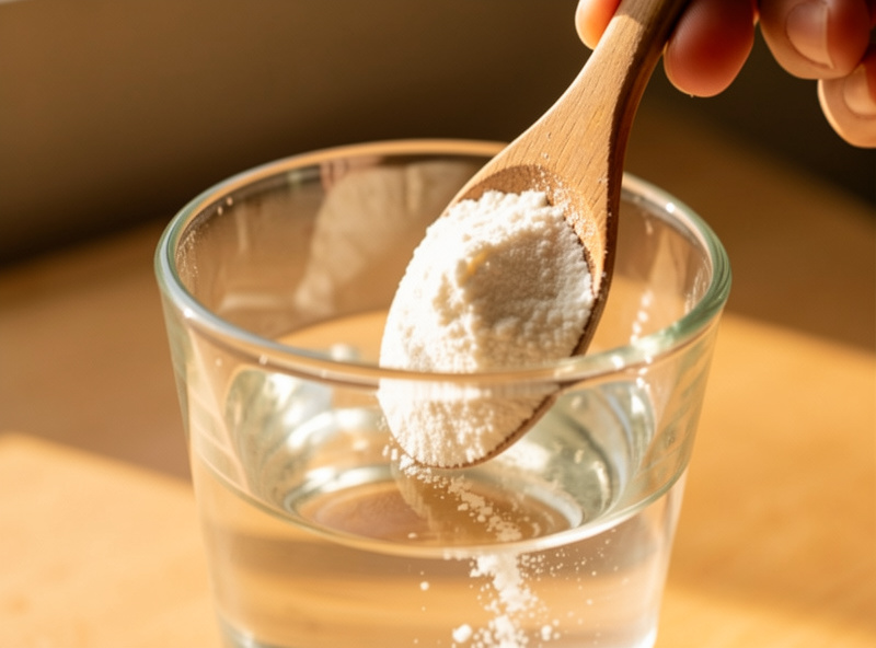 Electrolyte powder being stirred into a glass of water