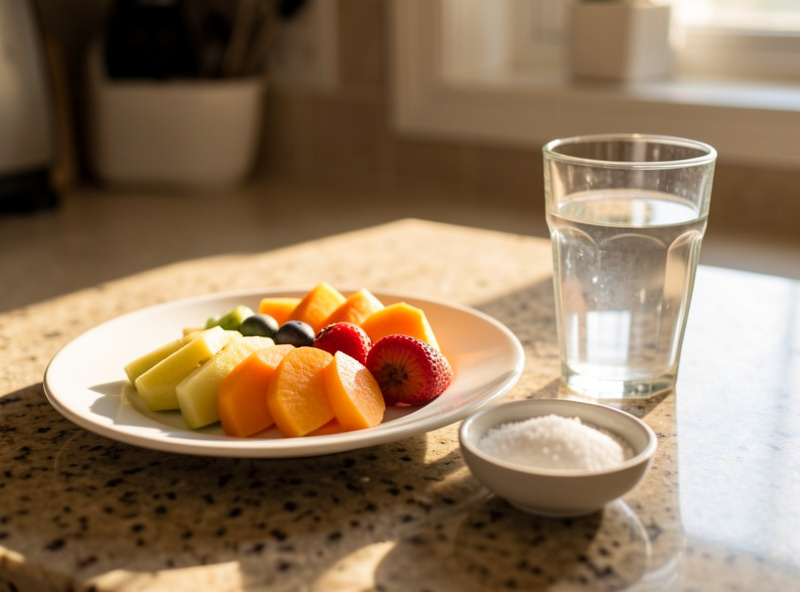 Plate of sliced fruit and a small dish of salt beside a glass of water