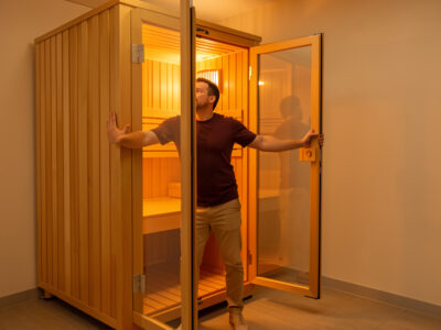Person opening an infrared sauna door wide to air out the cabin