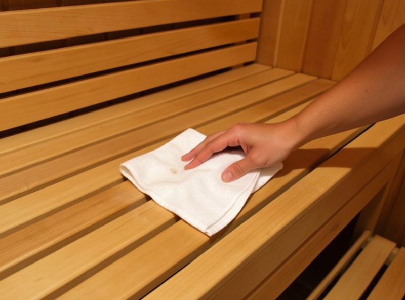 Applying hydrogen peroxide to a sauna bench with a white cloth to treat an odor patch