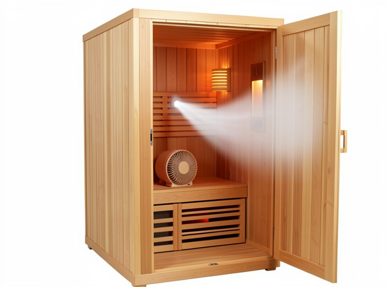 A small fan blowing air into an open infrared sauna cabin to clear the interior