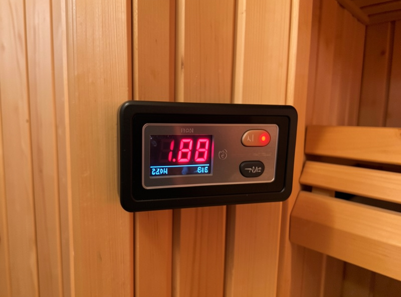 Session timer and thermometer showing elapsed time to first sweat in an infrared sauna
