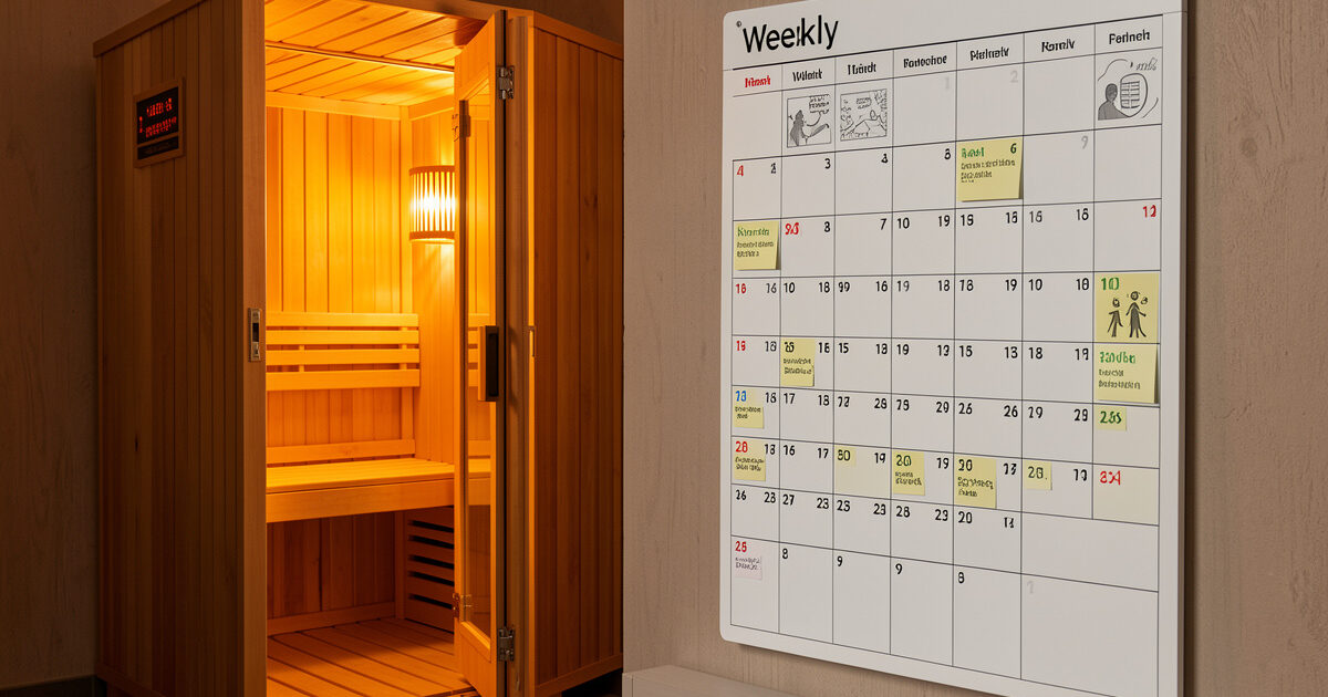 Weekly wall planner beside a warm infrared sauna cabin with sessions marked