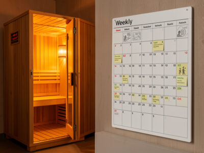 Weekly wall planner beside a warm infrared sauna cabin with sessions marked