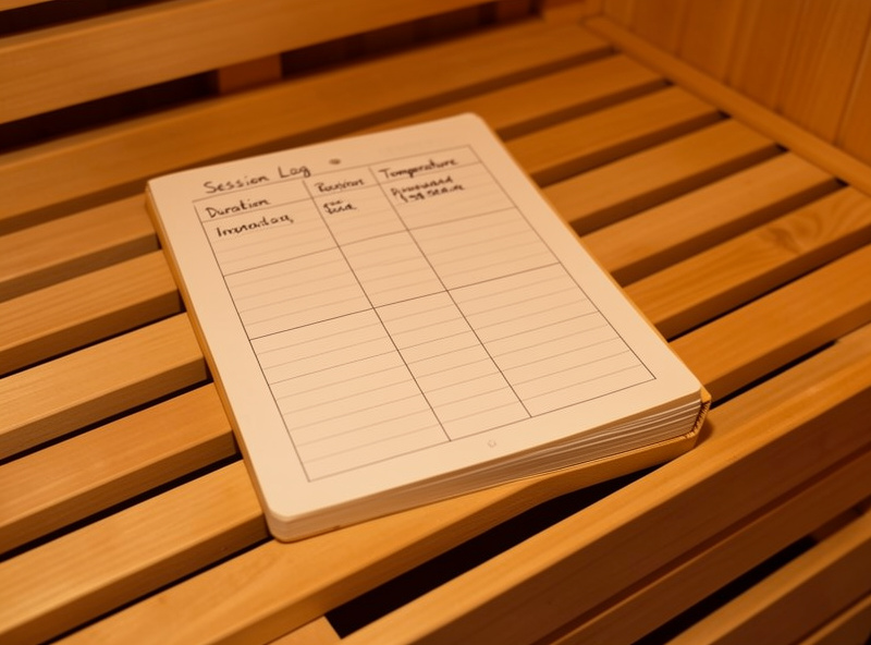 Handwritten session log notebook resting on an infrared sauna bench