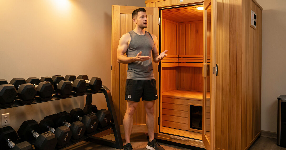 Person deciding between dumbbells and an infrared sauna door in a warm home gym