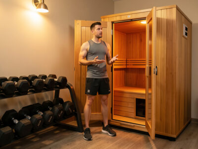 Person deciding between dumbbells and an infrared sauna door in a warm home gym