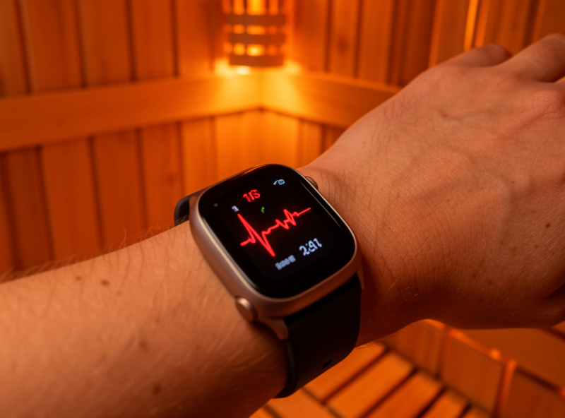 Fitness smartwatch showing an elevated heart rate inside a warmly lit infrared sauna