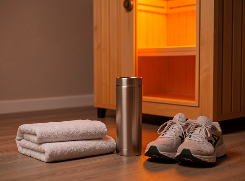 Folded towel, water bottle, and athletic shoes beside a glowing infrared sauna after a workout