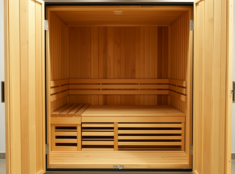 A side-by-side single-bench two-person infrared sauna viewed through the open door