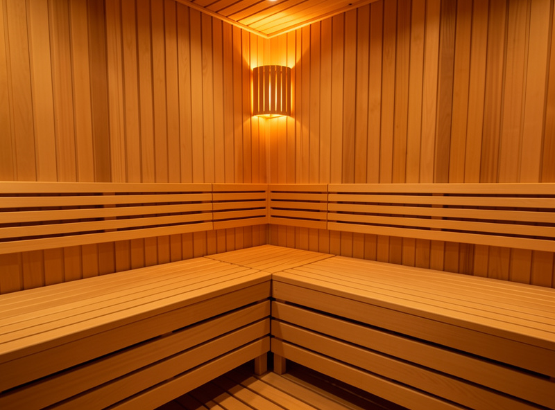 An L-shaped corner bench layout in an infrared sauna with wrap-around seating on two walls