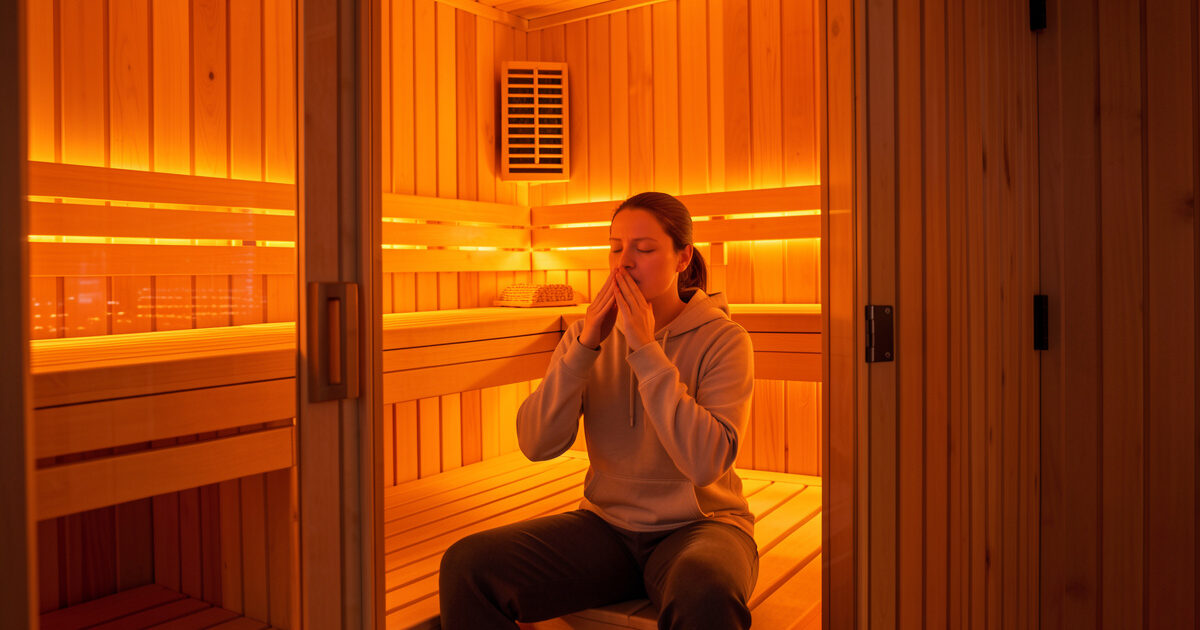 Person practicing calm breathing while seated in an infrared sauna