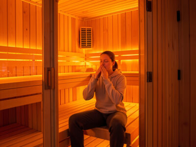 Person practicing calm breathing while seated in an infrared sauna