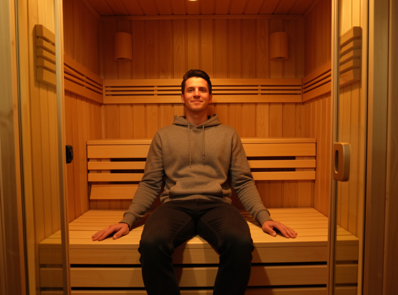 Person sitting upright with back against the rear panel of an infrared sauna in open relaxed posture
