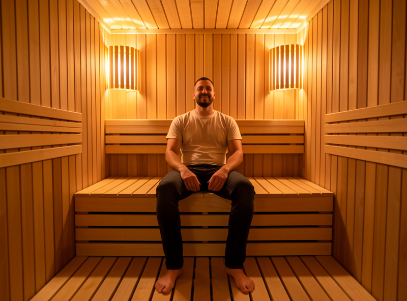 Relaxed seated posture in an infrared sauna with feet flat and shoulders open to the panels