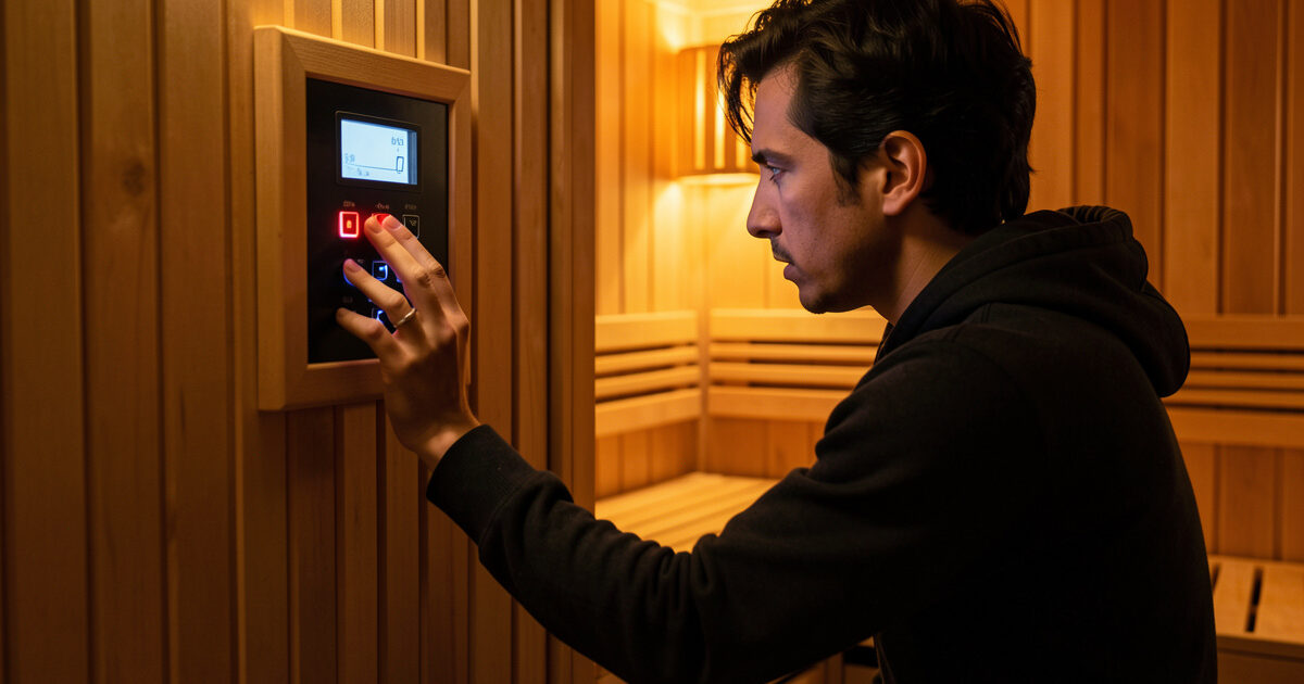 A person switching off an infrared sauna after noticing a burning smell