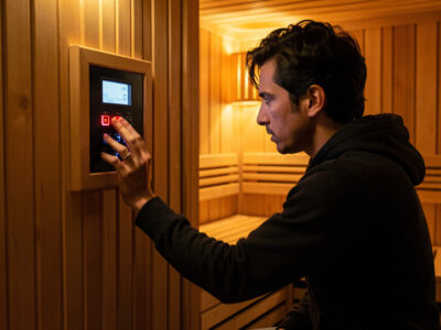 A person switching off an infrared sauna after noticing a burning smell