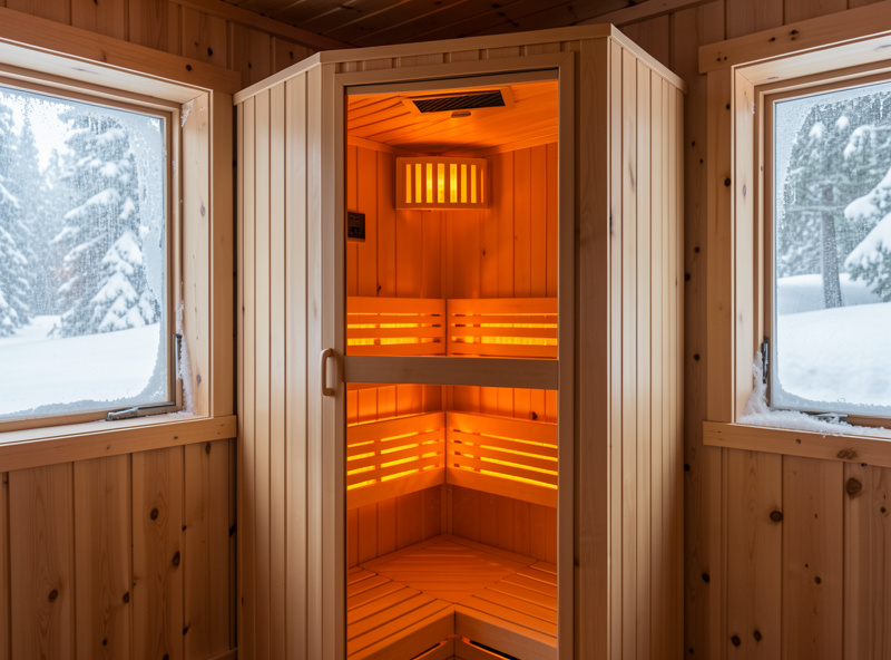 Two-person infrared sauna cabin glowing warm inside a Swedish home with snow visible through the window