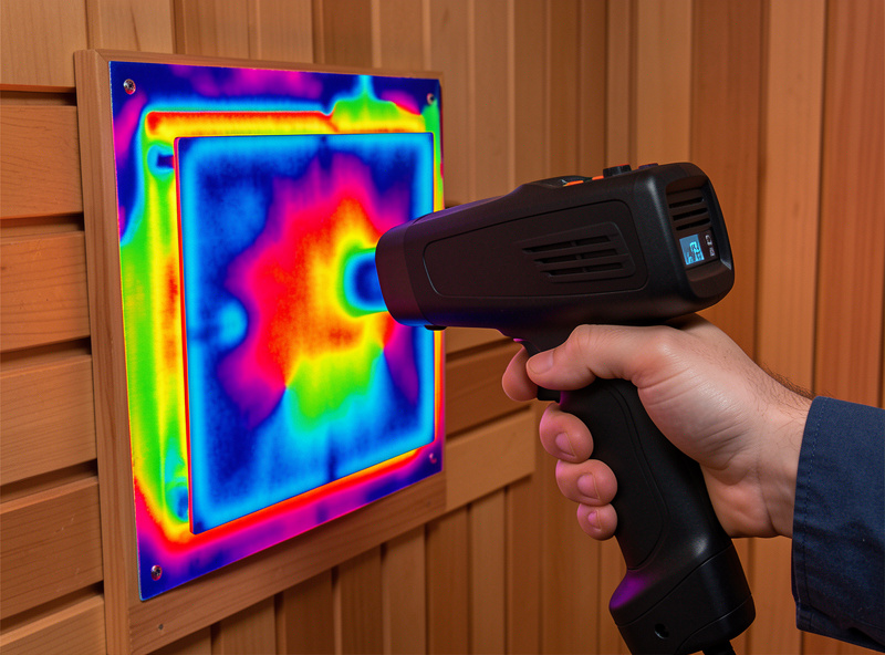 Thermal imaging camera showing cold spots at the edges of an infrared sauna carbon heater panel in winter