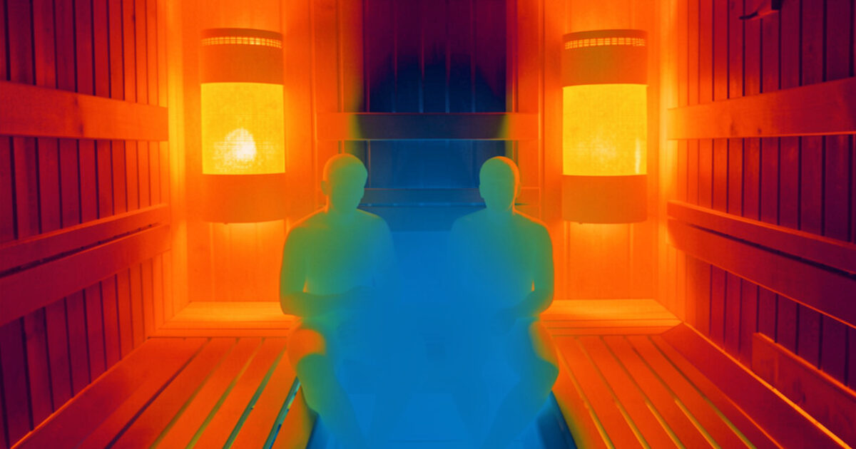 Thermal camera view of a two-person sauna showing a cold zone between two seated bodies