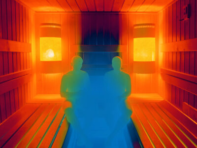 Thermal camera view of a two-person sauna showing a cold zone between two seated bodies