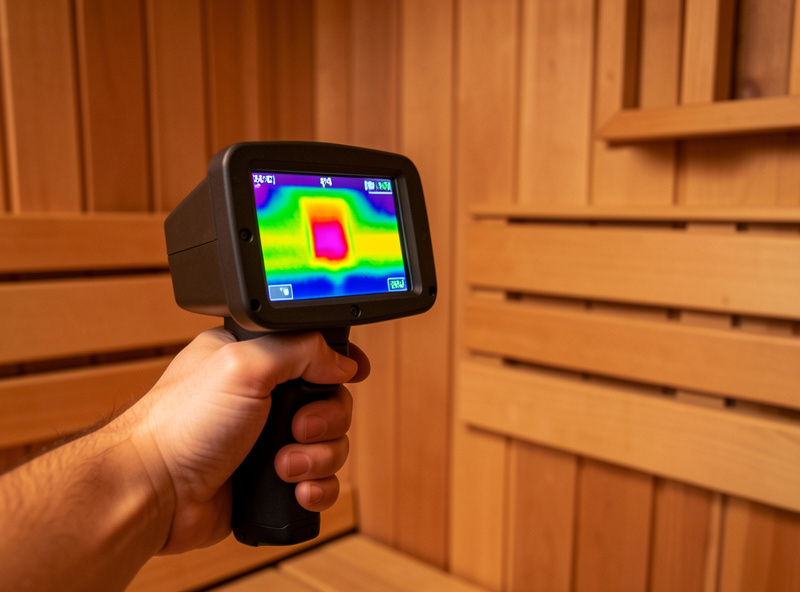 A hand holding a small thermal imaging camera pointed at an infrared sauna wall showing a heat map