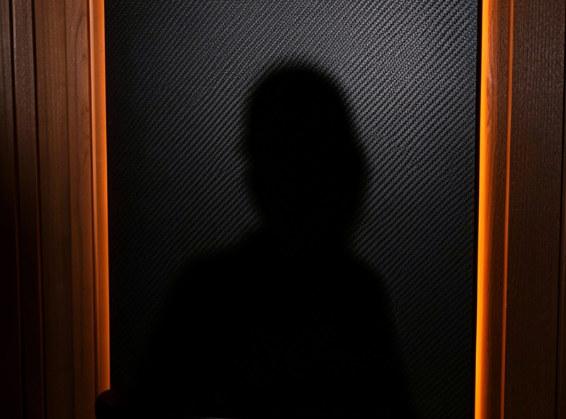 Close-up of a carbon-fiber infrared sauna panel partially shadowed by the silhouette of a seated person