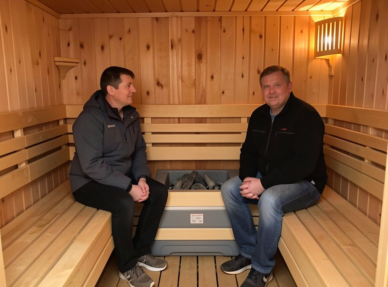 Two people seated on a back sauna bench with a visible cooler gap between them