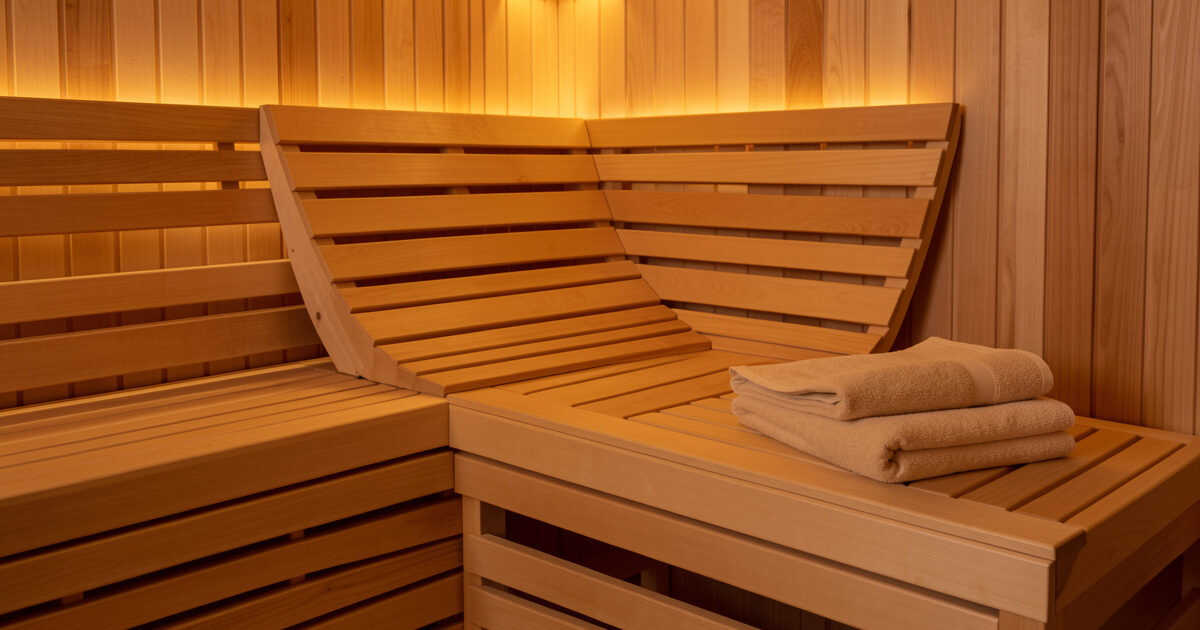 Infrared sauna bench with an ergonomic slanted basswood backrest, folded towel, and warm light