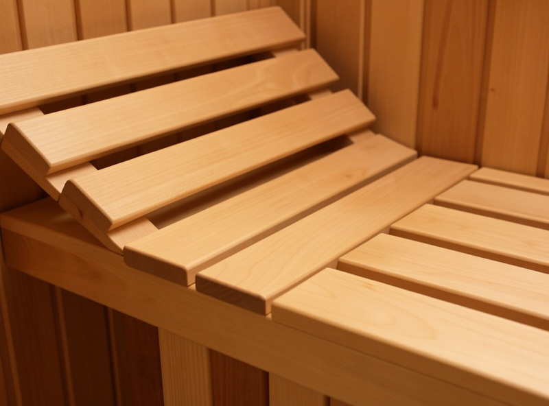 Smooth basswood sauna bench slats with a slightly angled backrest in warm light
