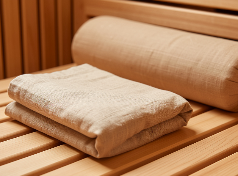 Folded natural linen sauna towel and wooden lumbar backrest on a slatted bench