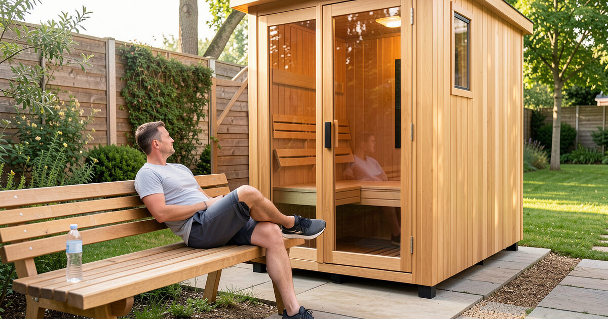 Person resting calmly outside an infrared sauna cabin with a water bottle after a session