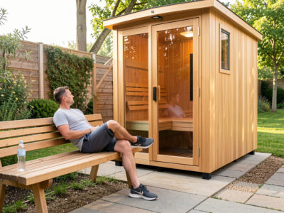 Person resting calmly outside an infrared sauna cabin with a water bottle after a session